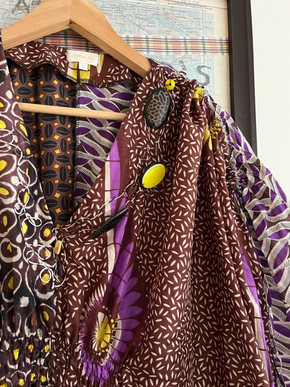 100% Silk Emamo Italy Patchwork-Print Beaded Kaftan Dress Cover-Up S/Freesize - Picture 3 of 11